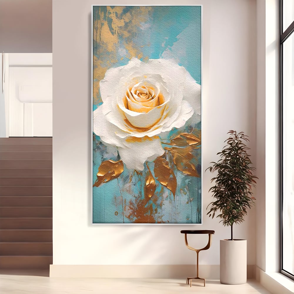 Tablou canvas cu tablou canvas cu trandafir alb, in rama de aluminiu argintiu